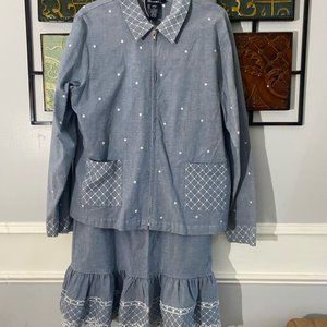 Denim & Co Women 100% Cotton Long Sleeve Jacket & Skirt 2 Piece Suit Size Large